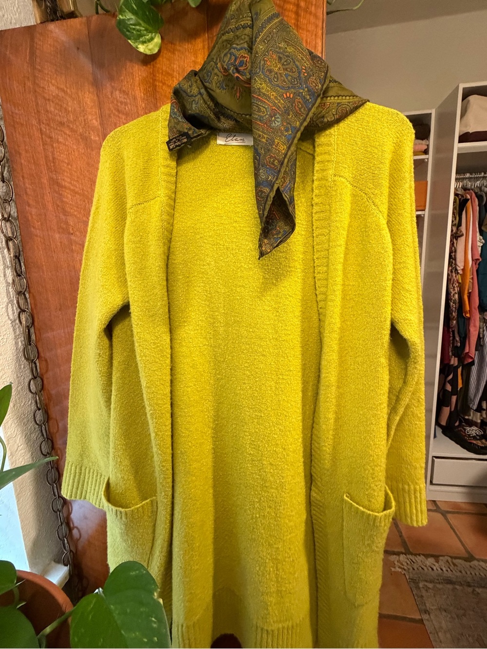 Elan Chartreuse Long Open Front Cardigan Wool Mohair Blend Size M